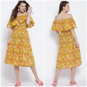Sera Floral Flounced Off Shoulder Tiered Cotton Midi Dress